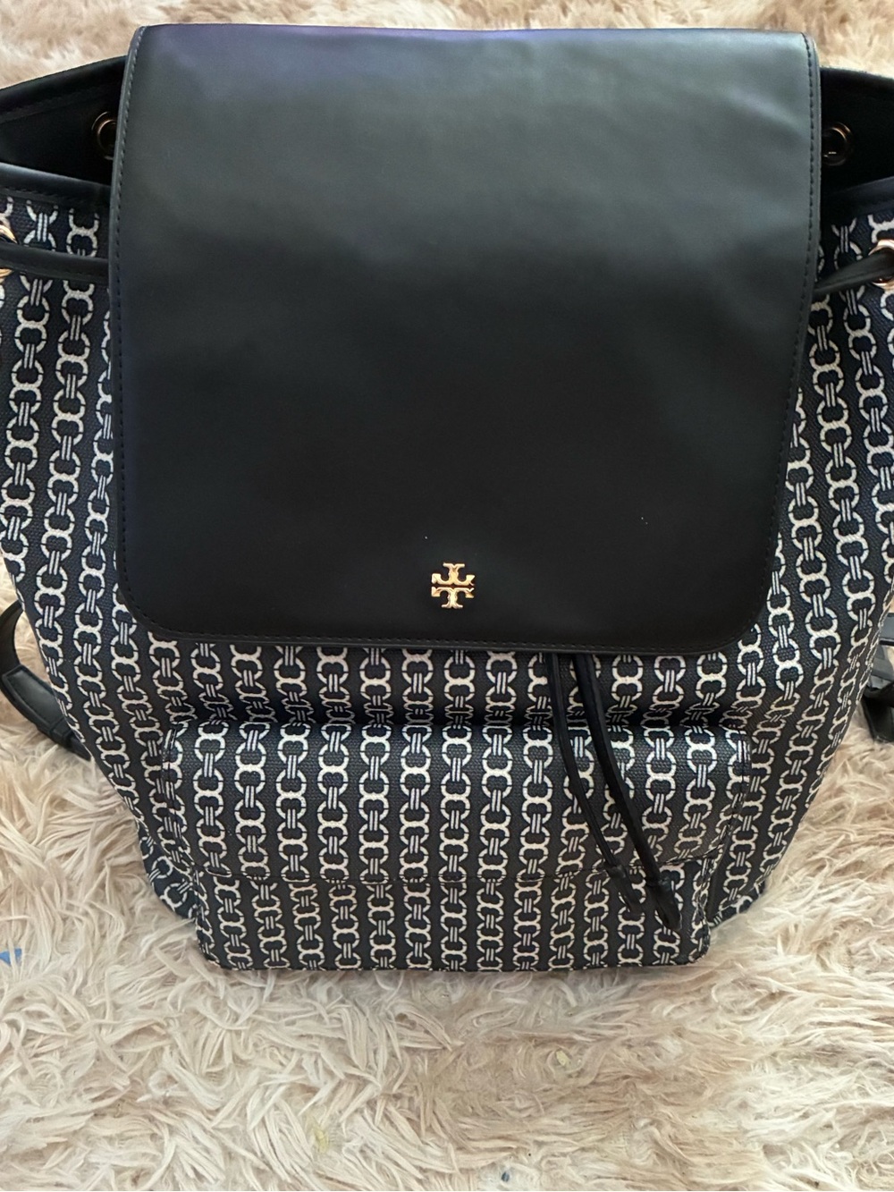 Tory Burch Navy and White Logo-Pattern Backpack with Black Leather Flap